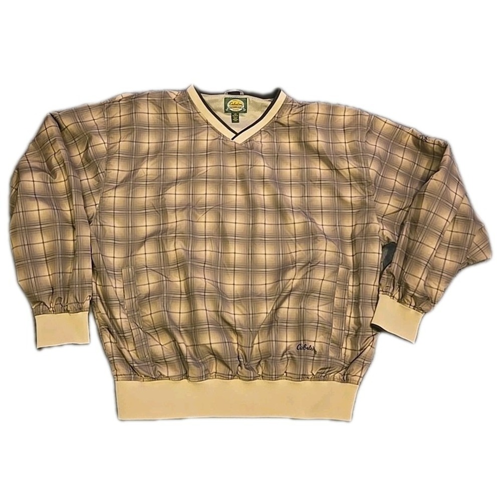 Cabela's Windbreaker Men's Large Brown Plaid Outdoor Windcrest Pullover Pockets